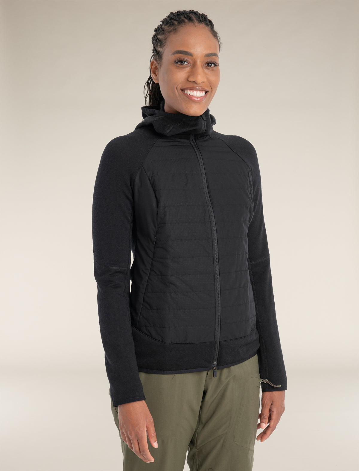 Women's Merino Blend Quantum Hybrid Long Sleeve Zip Hoodie Black - 1