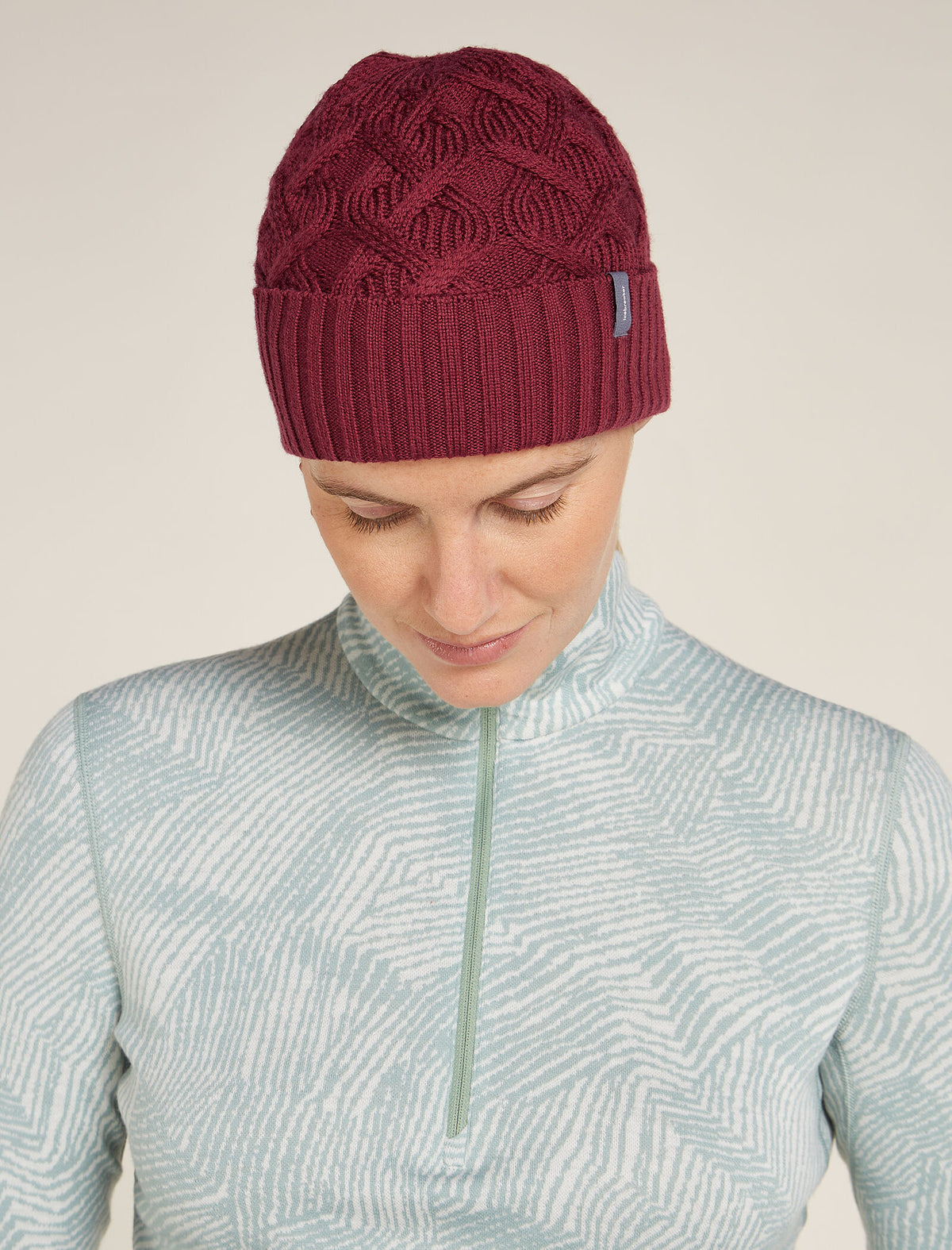 Unisex Merino Cable Knit Beanie Port - 2