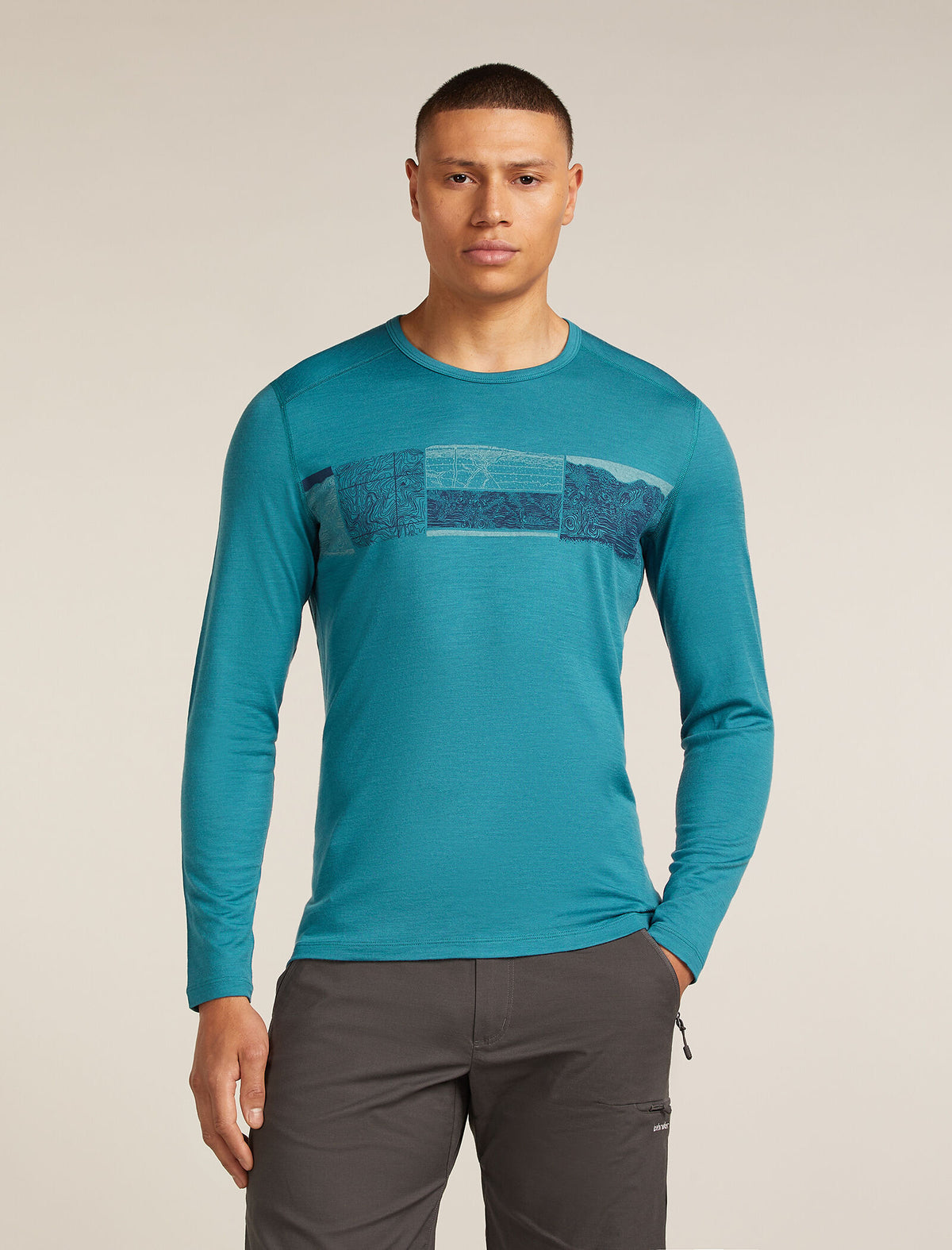Men's Merino 200 Oasis Long Sleeve Crewe Thermal Top Elevation Line Topaz - 1