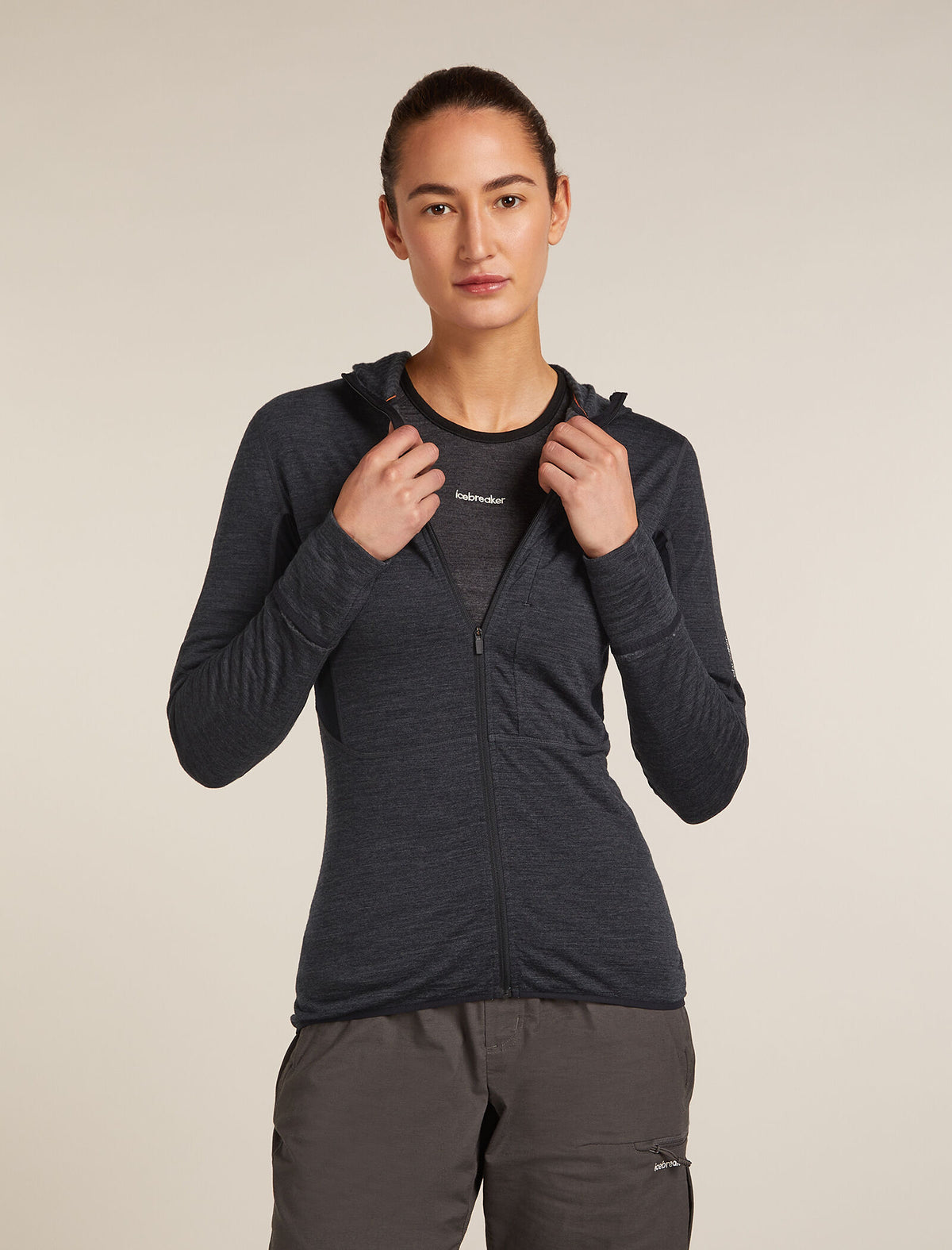 Women's Merino Blend 200 Realfleece™ Descender Long Sleeve Zip Hoodie Jet Hthr/Black - 1